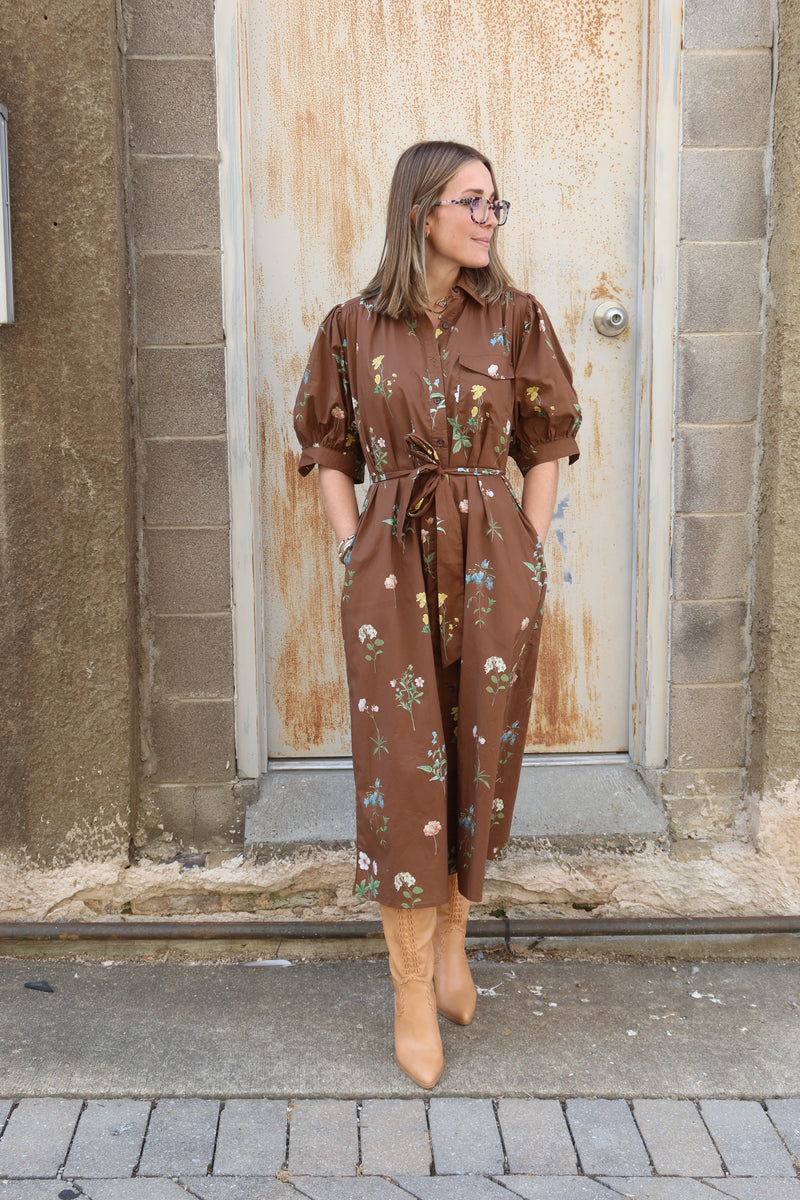 Nova Floral Midi Dress - Brown