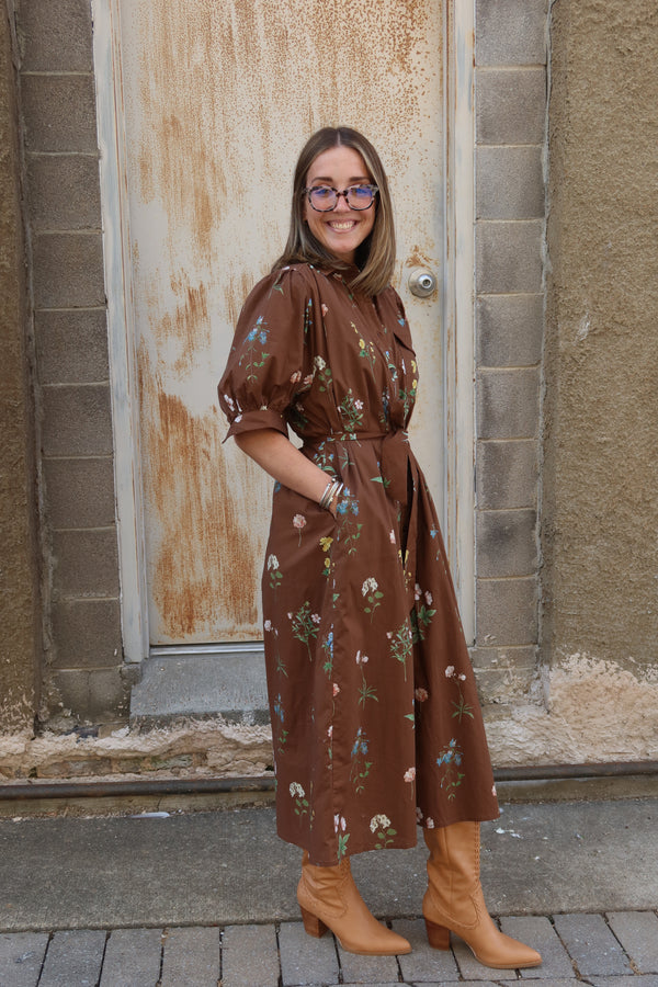 Nova Floral Midi Dress - Brown