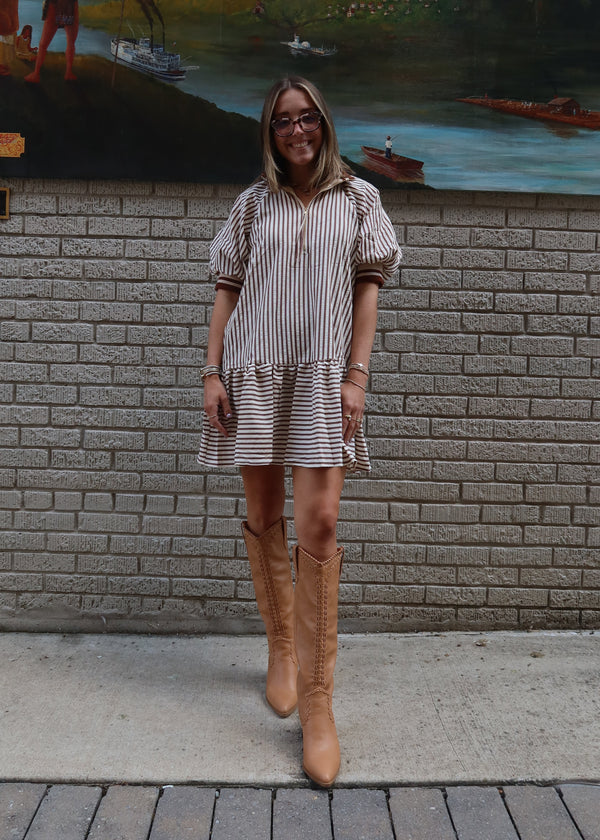 Classic Stripe Mini Dress - Caramel