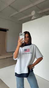 American Lover Mock Neck- Grey/Navy