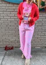 Polly Gingham Ruffle Bottom Pants - Pink