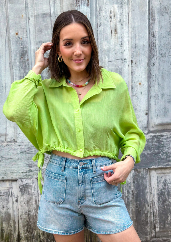 Grace Cropped Tie Blouse- Lime