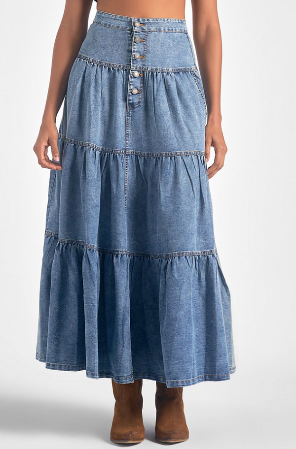 Elan: Gypsy Tiered Maxi Skirt - Denim