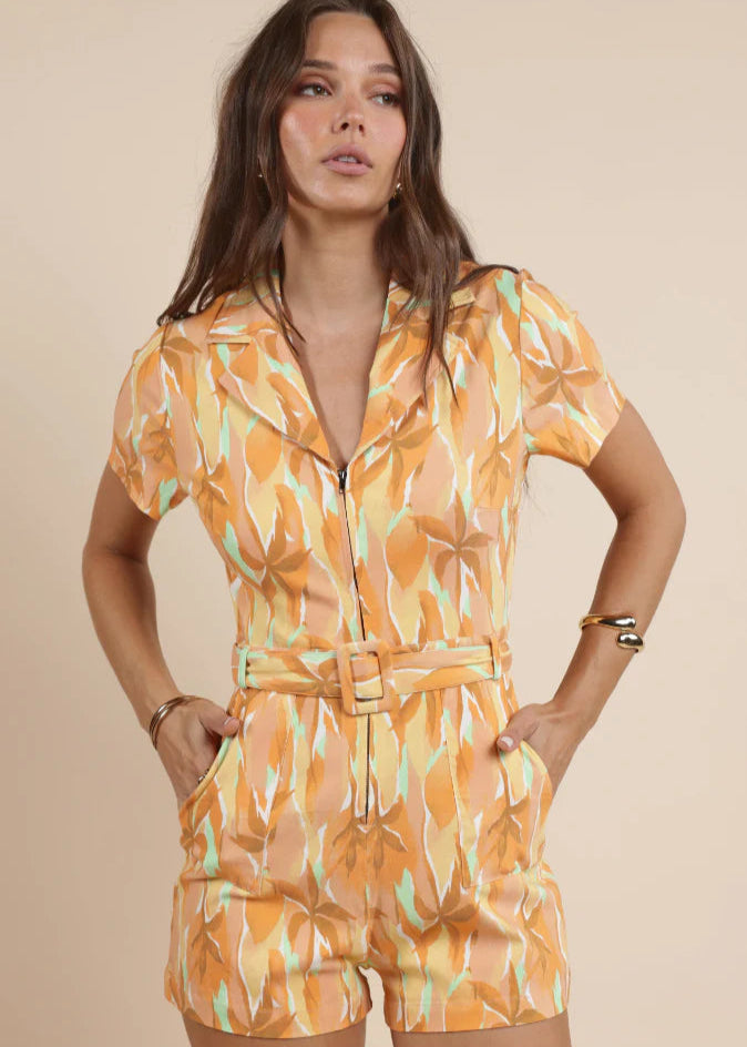 Sunset Beauty Zip Front Belted Romper - Multi