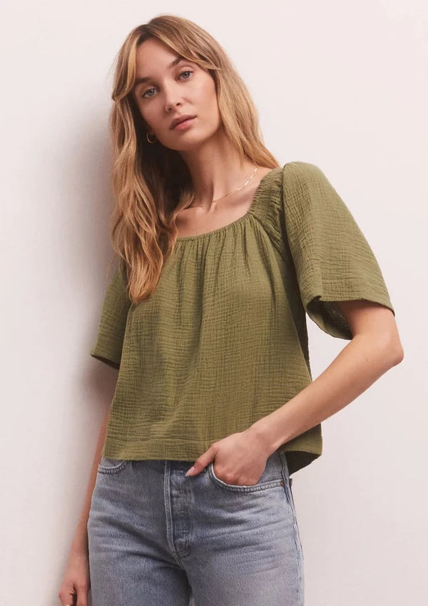 Z Supply: No Rules Gauze Top Olive Branch