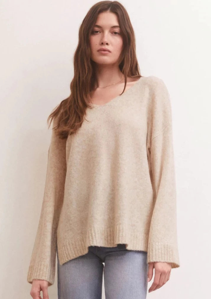 Z Supply: Modern V-Neck Sweater - Light Oatmeal Heather