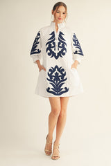 Monroe Floral Print Dress - Off White/Navy