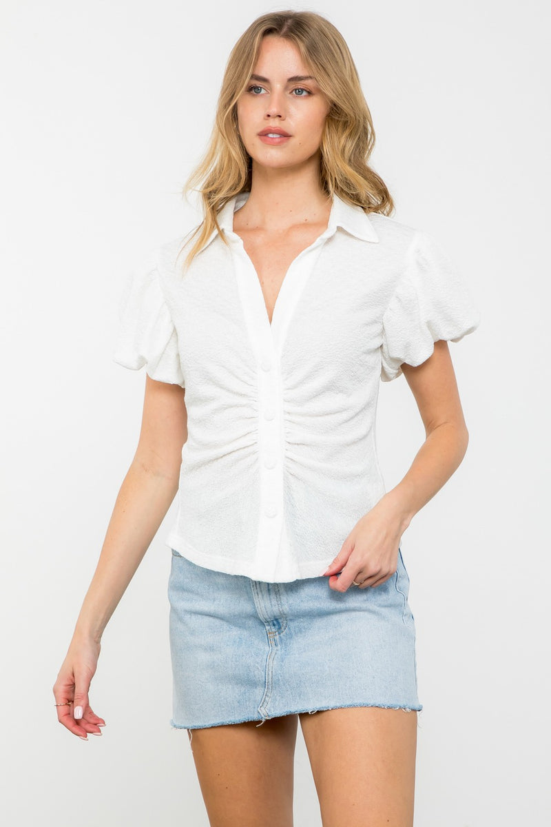 Penny Puff Sleeve Button Down - White