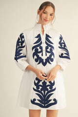 Monroe Floral Print Dress - Off White/Navy