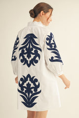 Monroe Floral Print Dress - Off White/Navy