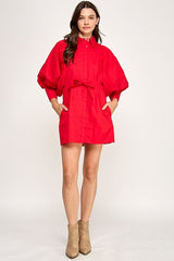 Bonnie Balloon Sleeve Shirt Dress - Red
