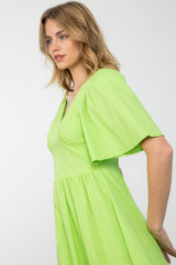 Butterfly Sleeve V-Neck Dress - Lime