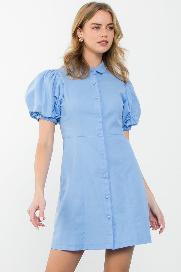Peri Puff Sleeve Button Up Dress - Blue