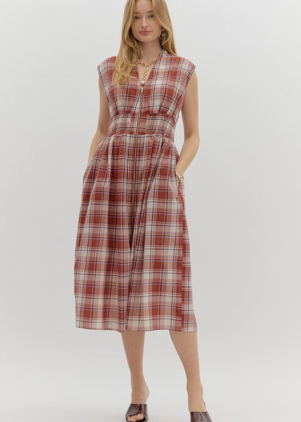 Lilly Gingham Midi Dress - Brick