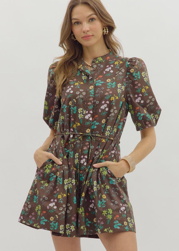 Fall in Bloom Mini Dress - Brown