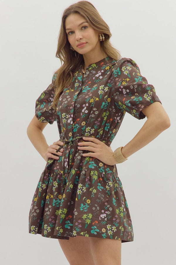 Fall in Bloom Mini Dress - Brown