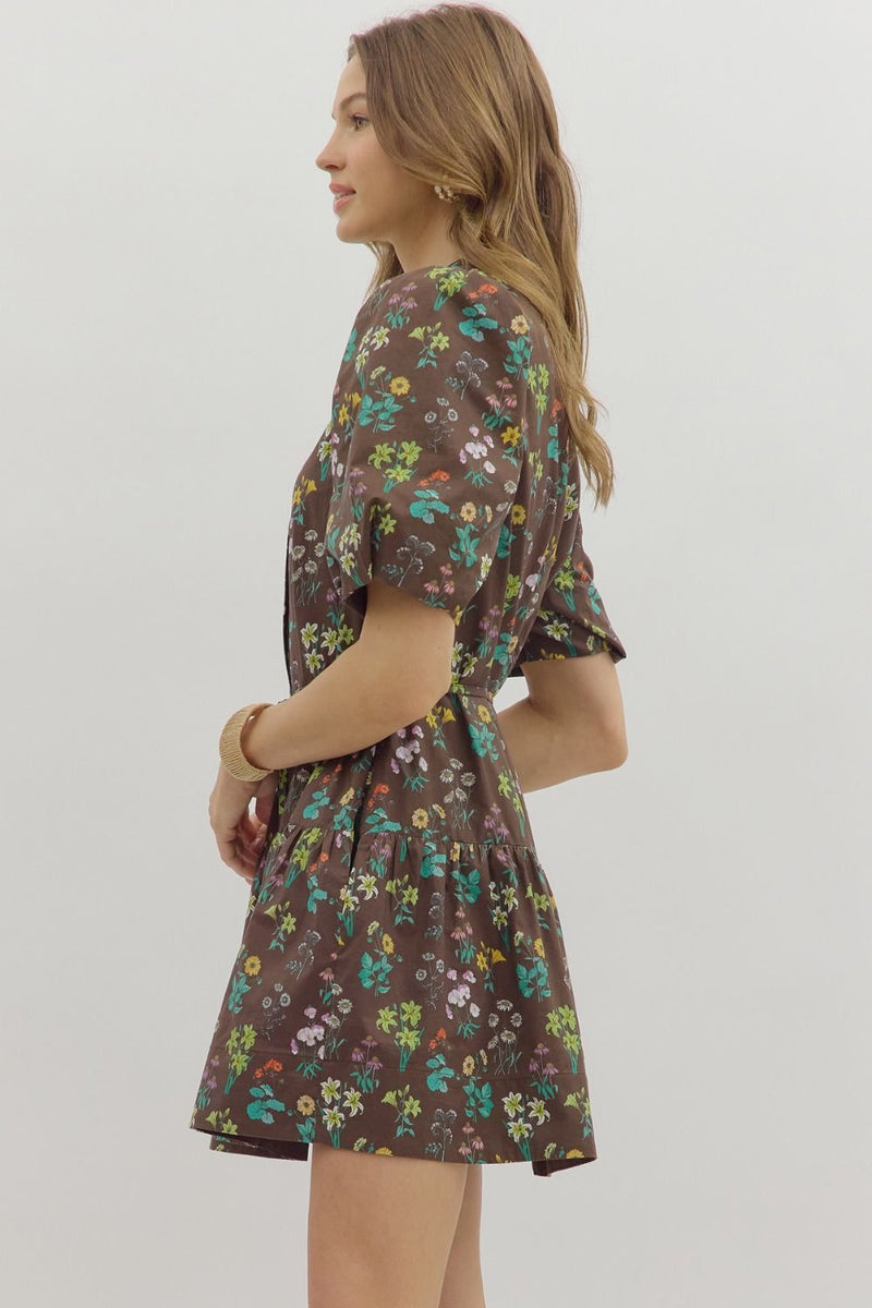 Fall in Bloom Mini Dress - Brown