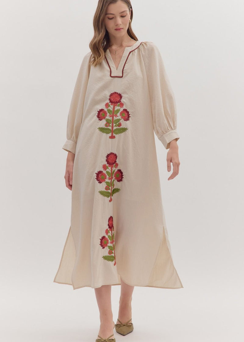Julia Embroidered Flower Midi Dress - Ecru