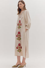 Julia Embroidered Flower Midi Dress - Ecru