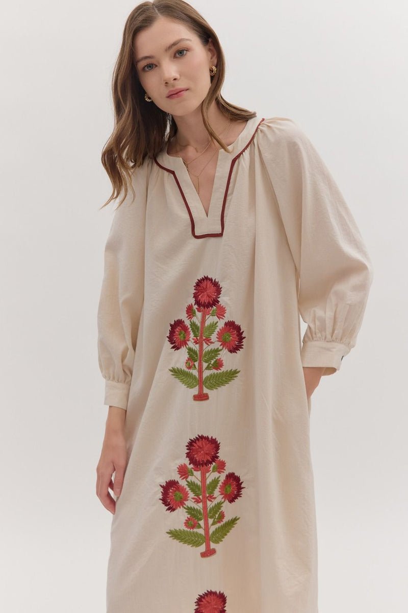 Julia Embroidered Flower Midi Dress - Ecru