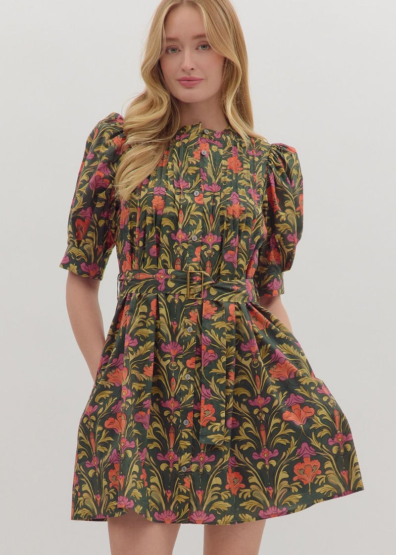 Gwen Botanical Mini Dress - Olive