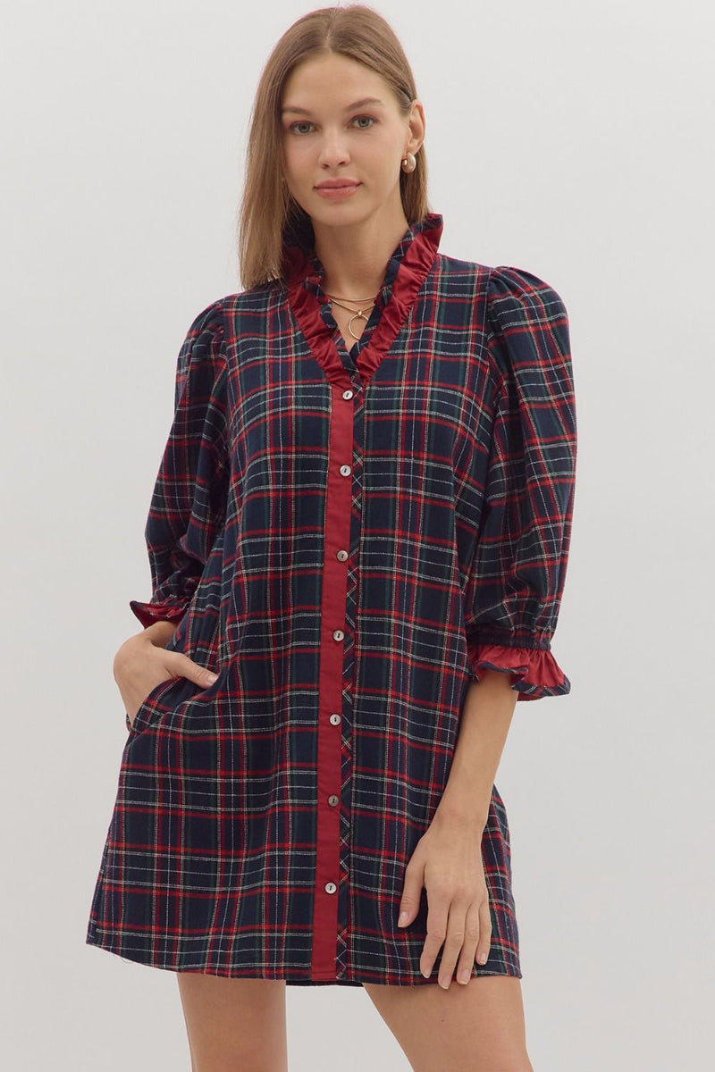 Holiday Cheer Plaid Mini Dress - Navy L Holiday Cheer Plaid Mini Dress - Navy L
