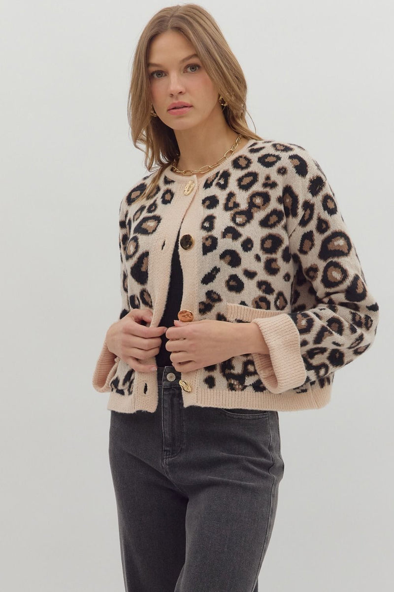 Aubrey Knit Cardigan - Taupe Leopard