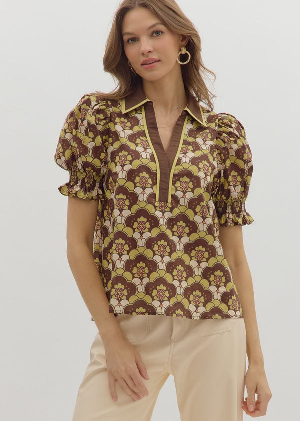 Abstract Floral Blouse - Brown