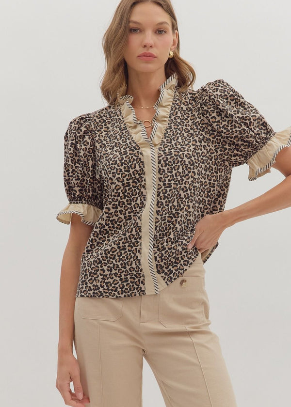 Kira Stripe + Leopard Blouse - Mocha