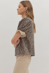 Kira Stripe + Leopard Blouse - Mocha