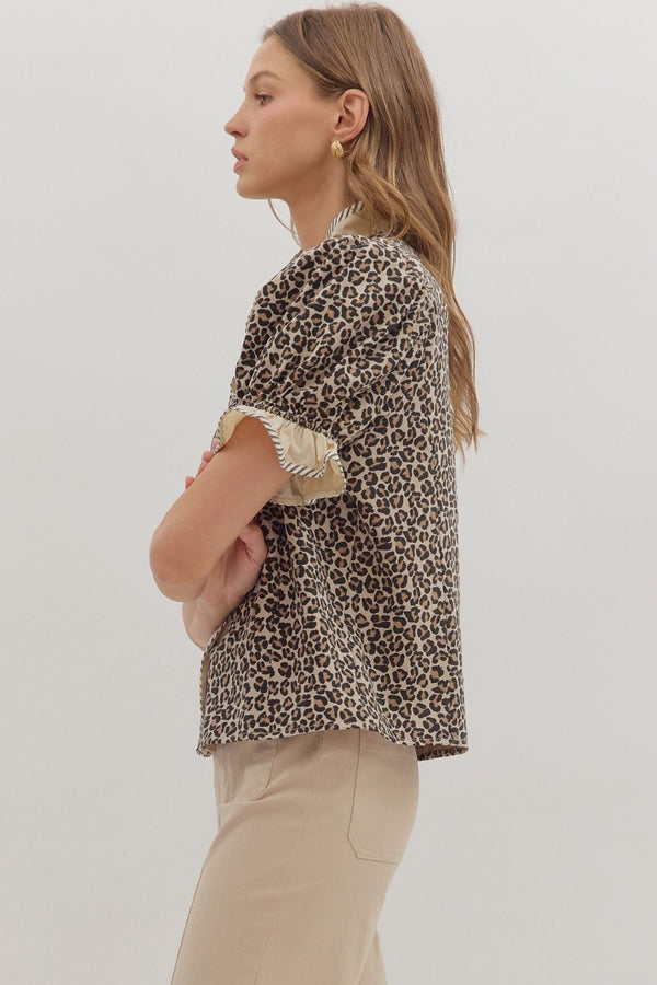 Kira Stripe + Leopard Blouse - Mocha
