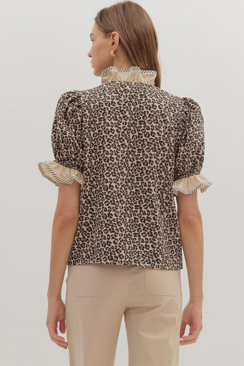 Kira Stripe + Leopard Blouse - Mocha