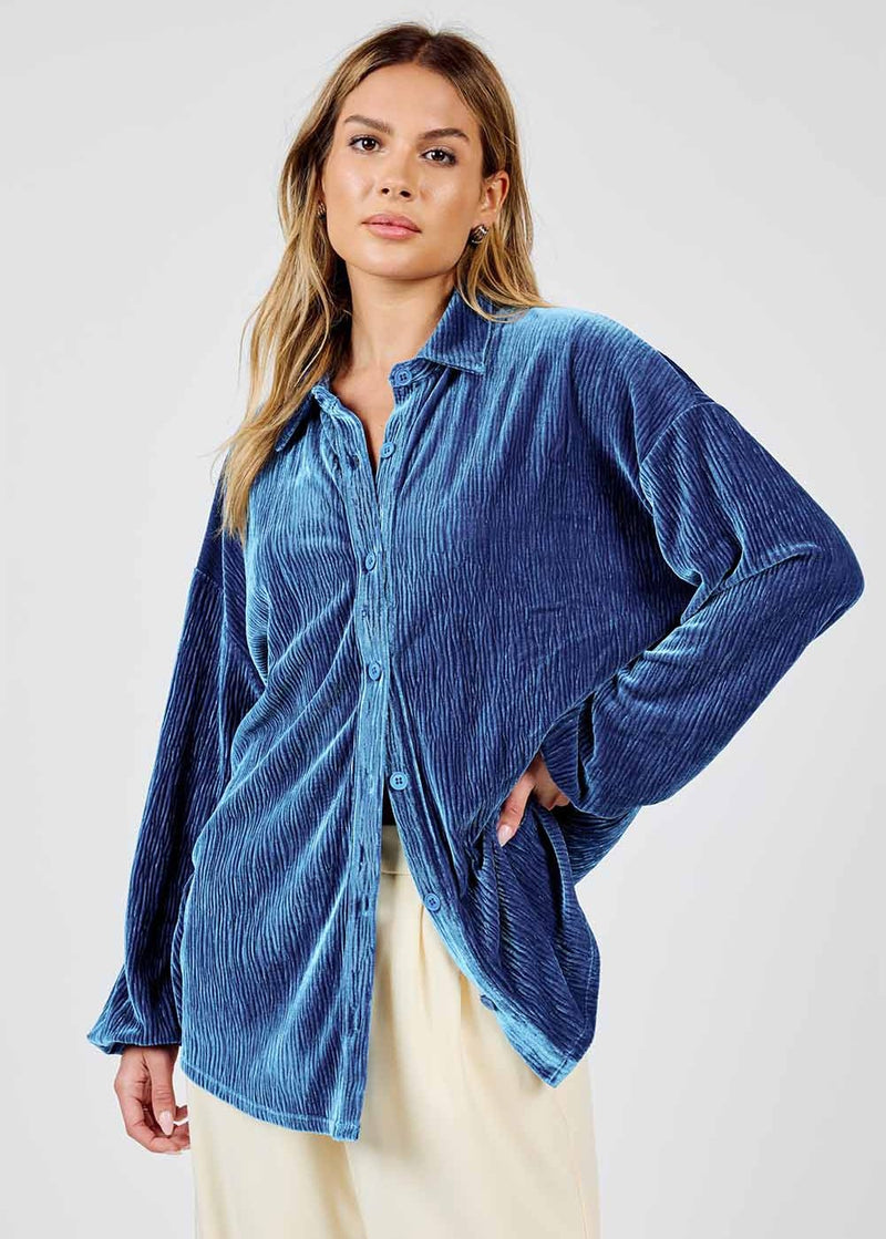 Lorelai Button Up Pleated Velvet Top - Blue