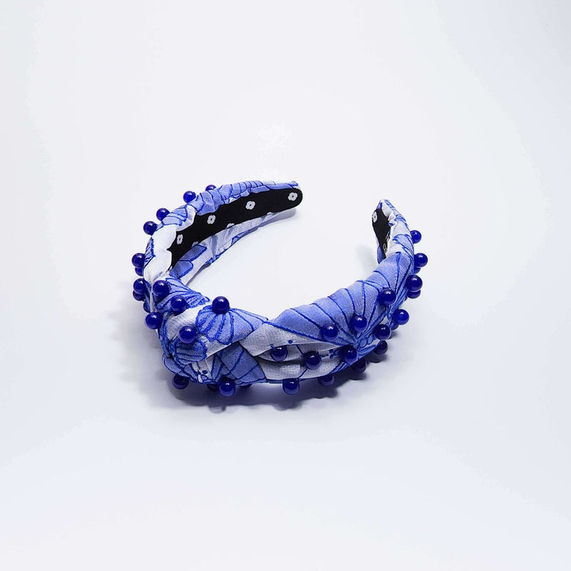 Embroidered Satin Butterfly Knot Headband with Embellishments Blue