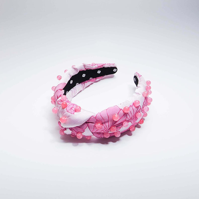 Embroidered Satin Butterfly Knot Headband with Embellishments Pink